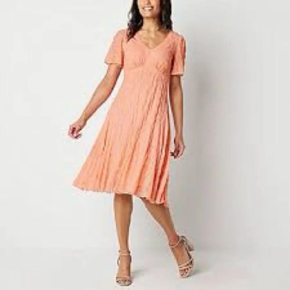Rabbit Designs size 8 peach lace flutter sleeves fit n flare dress.